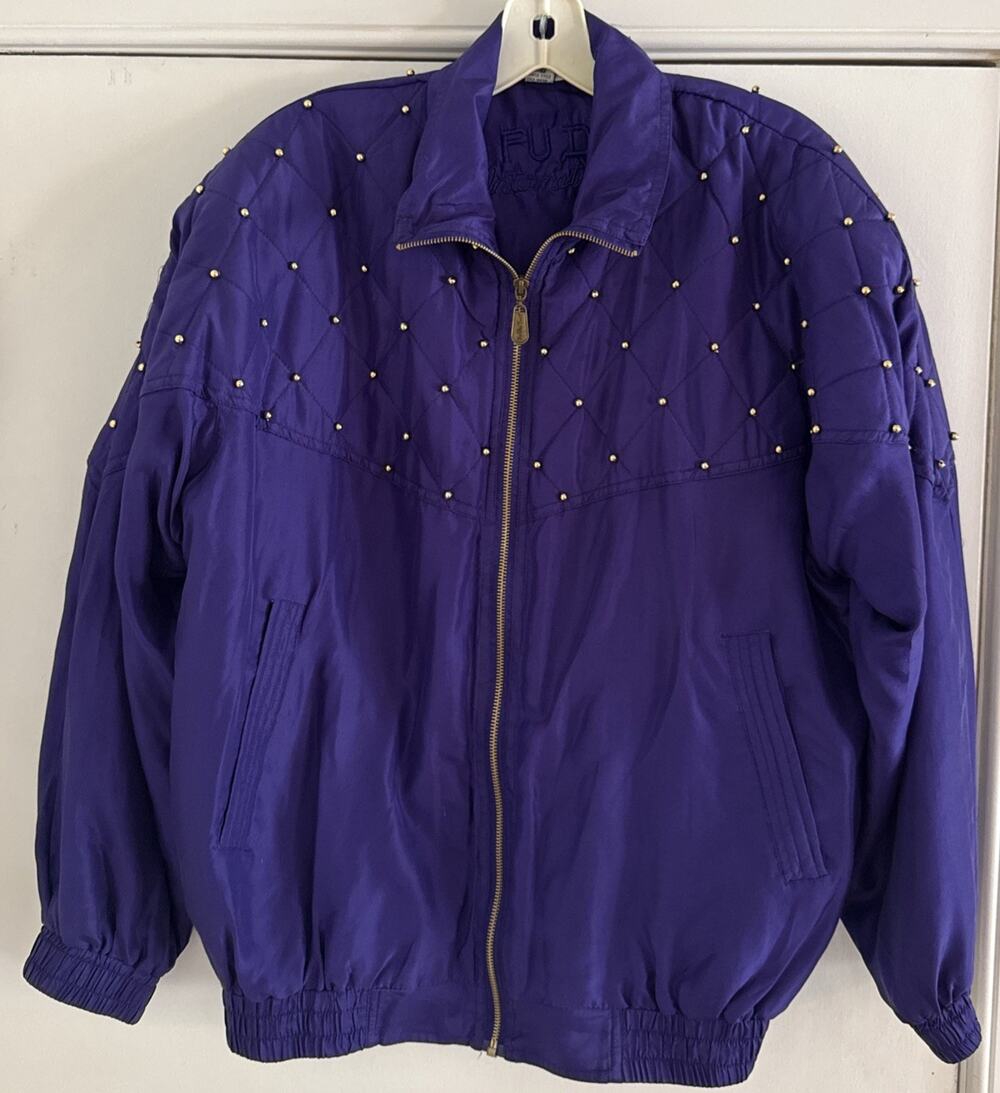 FuDa Silk Windbreaker Jacket Purple Womens L Full Zip Studded Quilted Vtg 90s